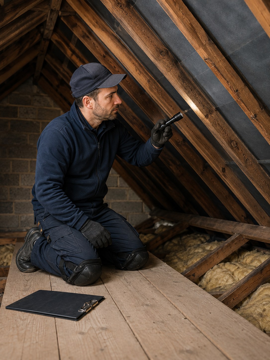 Illustration of a technician inspecting exposed loft rafters with a torch